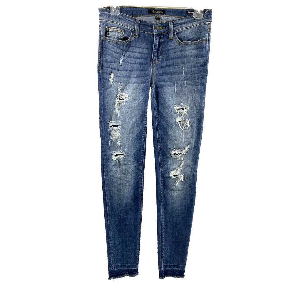 Judy Blue Jeans Womens Size 27 Skinny Distress Raw Hem Stretch Medium Wash Denim